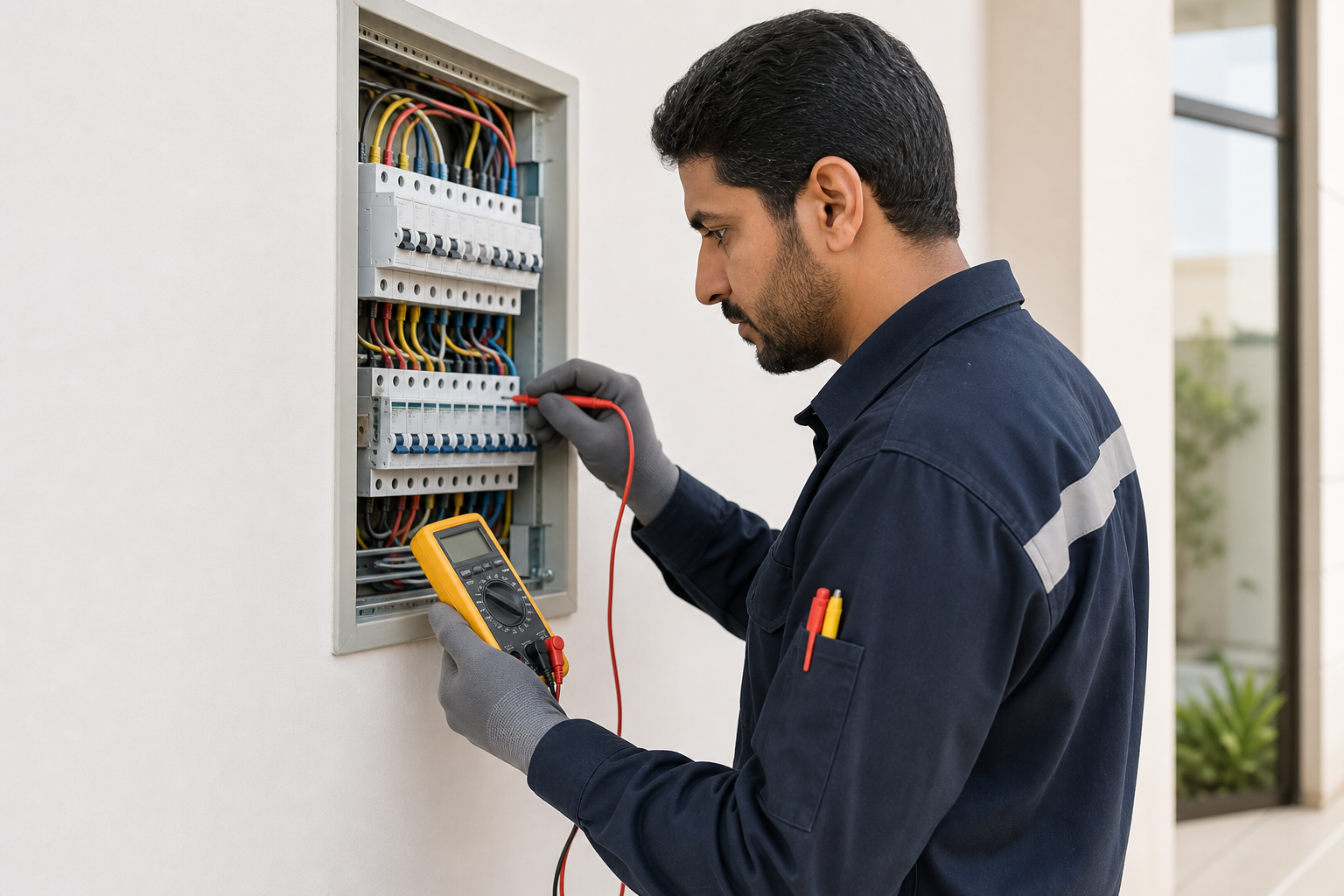 Electrician diagnosing a tripping circuit breaker in a Riyadh home