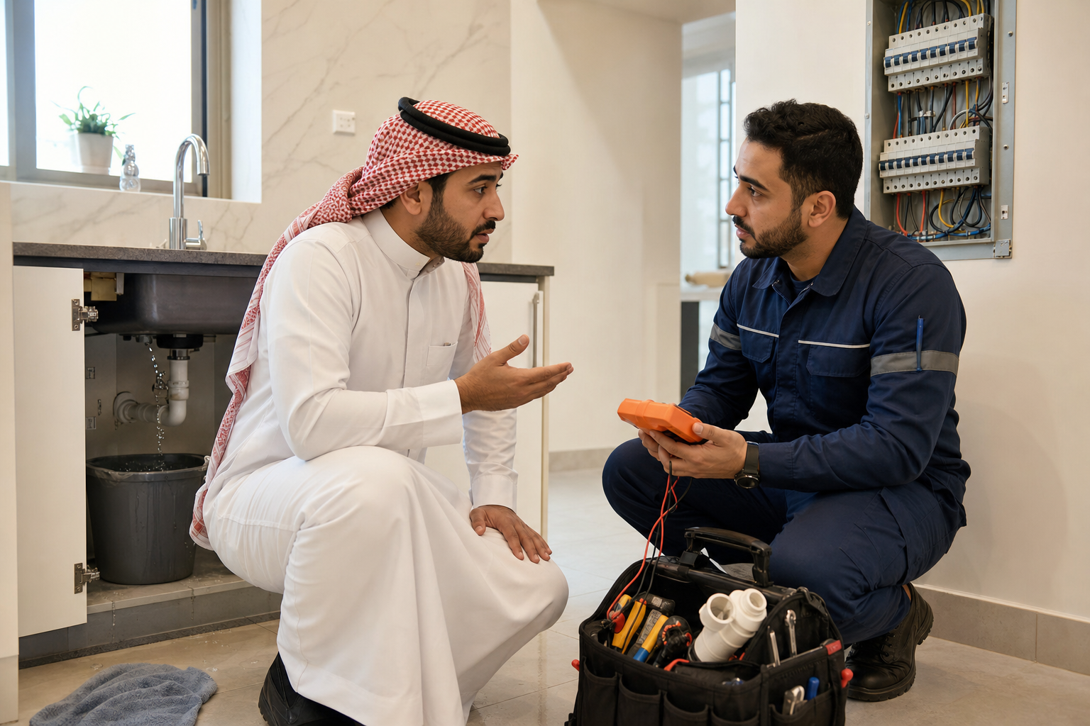 Emergency plumber and electrician consulting a Saudi homeowner in Riyadh