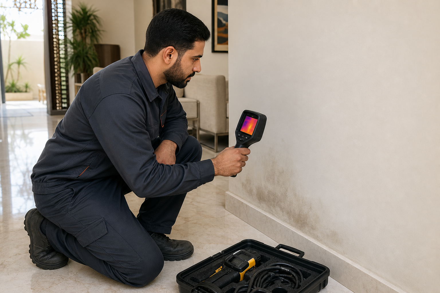 Plumber using thermal equipment to detect a hidden water leak in Riyadh