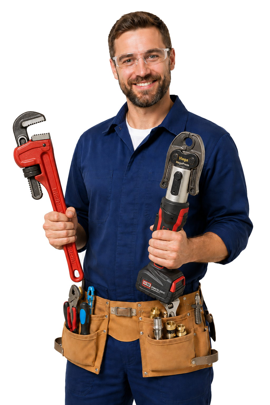 VoltFlow technician holding plumbing and electrical tools