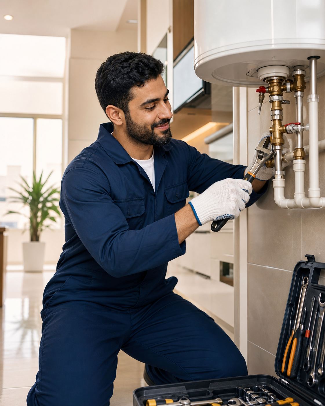 Professional plumber servicing a water heater connection in a Riyadh home